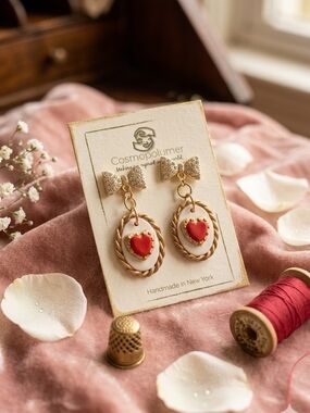 Gold Drop Earrings with Red Heart